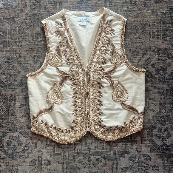31. Vintage RAFAELLA Cream Silk Beaded Vest Sz Lg - Picture 3 of 13